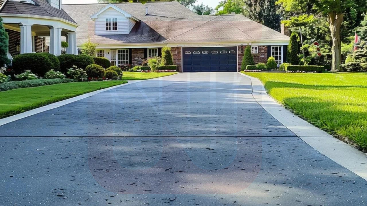 Spacious concrete driveway leading to a suburban house with a well-manicured lawn and landscaping